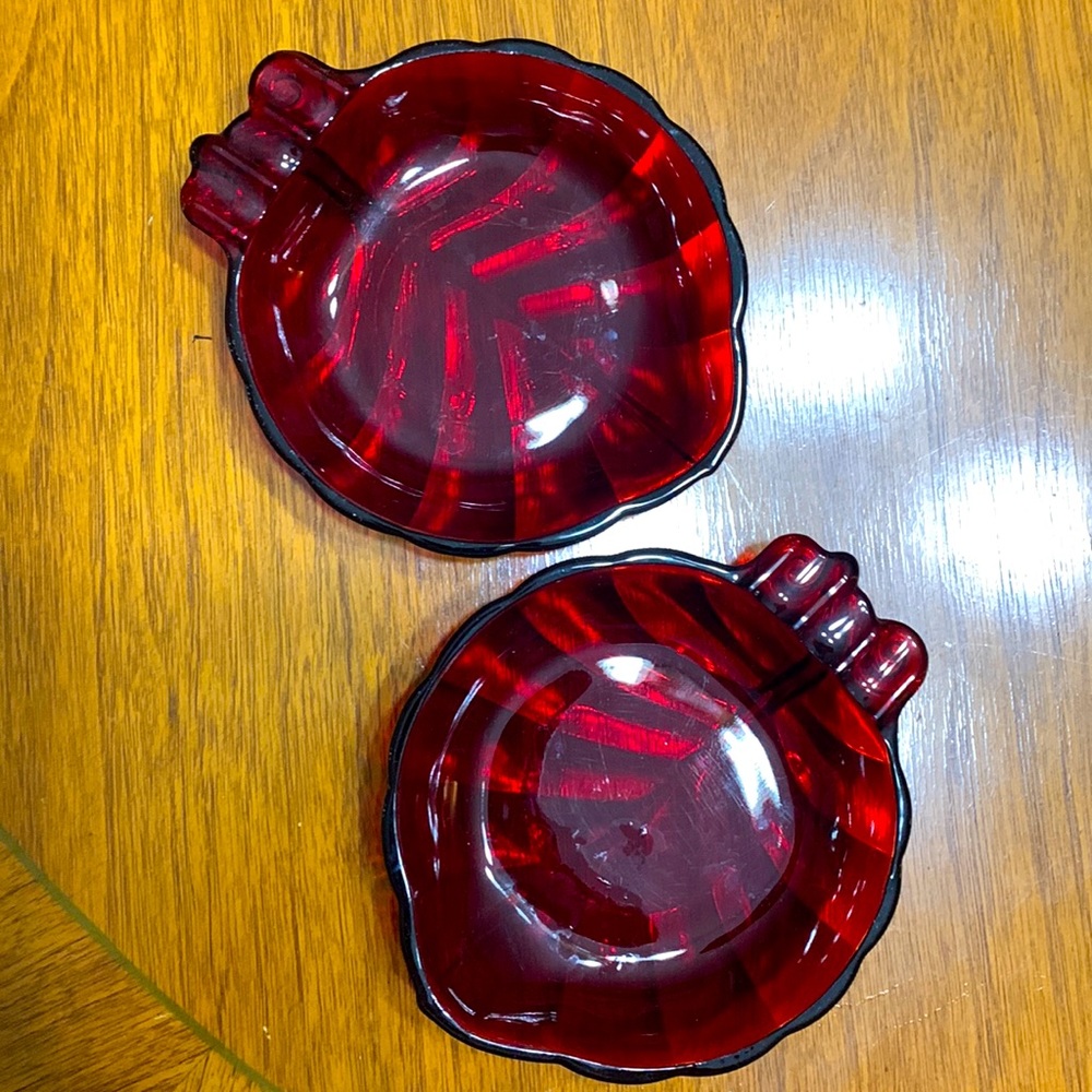 Vintage pair of ruby red depression glass ashtray/trinket dishes.